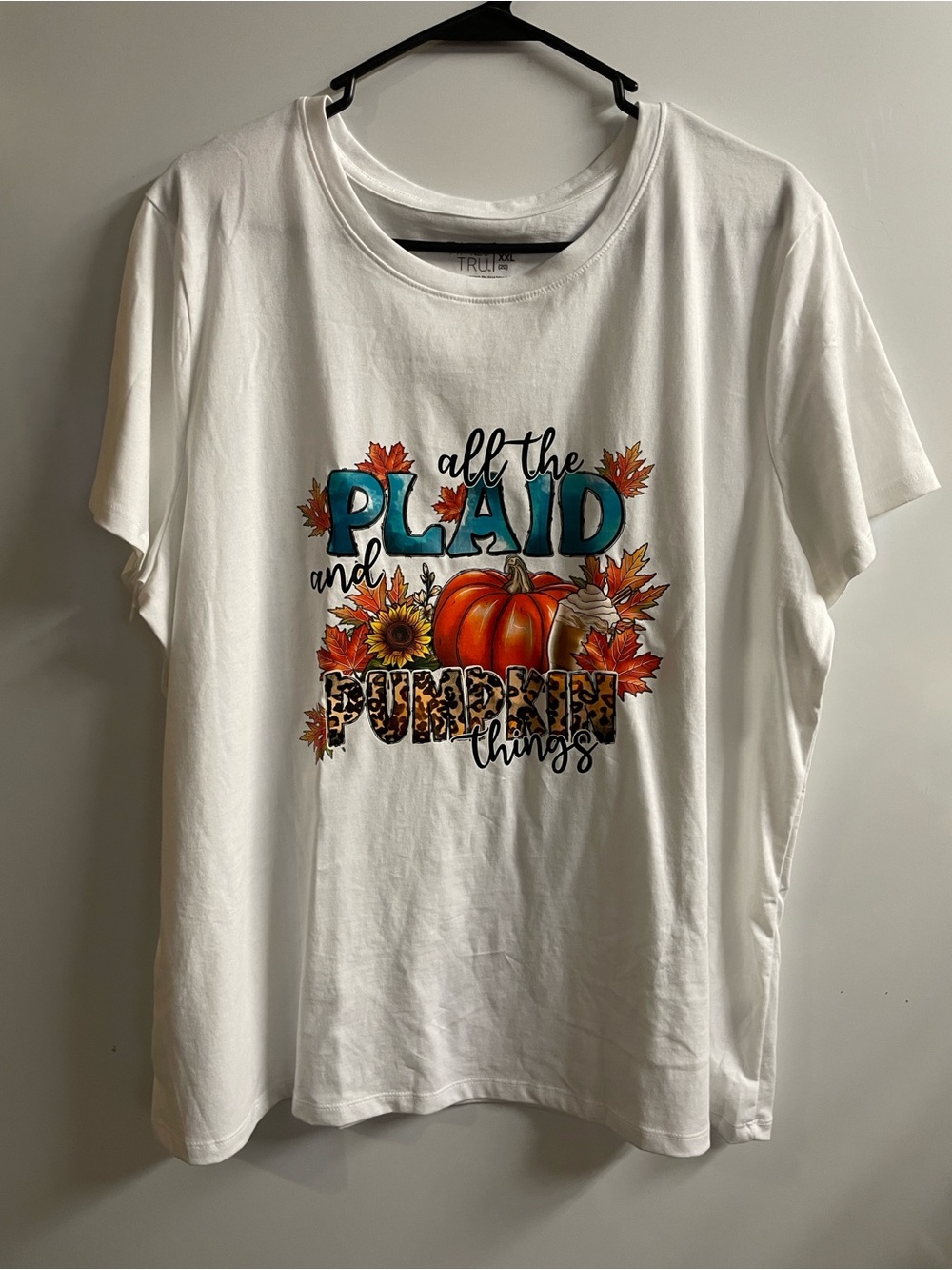 Time and Tru White Tee with Teal Plaid Lettering and Orange Pumpkin Graphic